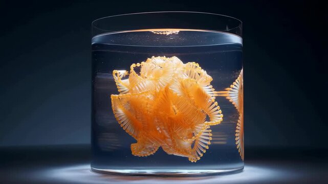 Tank laboratory with a glowing orange biological specimen in water featuring science, experiment, research with biology and biotechnology elements