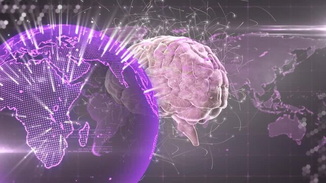 Digital animation of human brain and globe spinning over world map against grey background