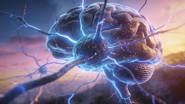 Pulsing central neuron soma reacting to initial pulse, sending blue arcs along branching neurites