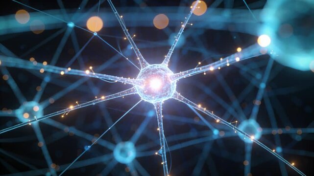 Vertical video: Central soma receiving filament impulse, lighting network then subsiding for tech