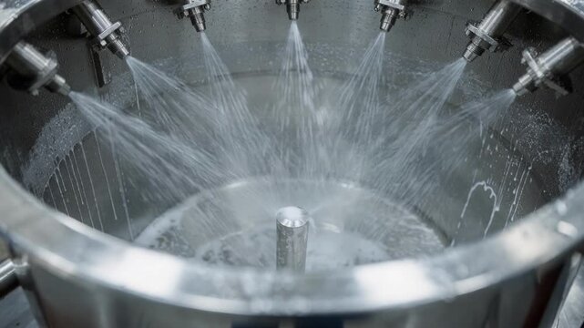 Medium shot of automated CIP system spraying caustic solution inside mixing vessel for thorough chemical cleaning ensuring residue removal and hygiene compliance.