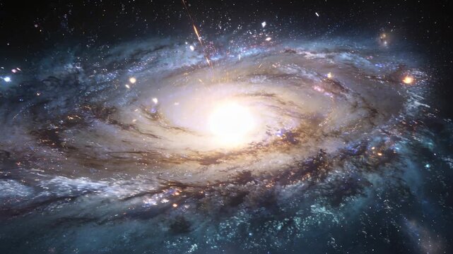 Spiral galaxy rotating while camera panning and zooming revealing core and stars for astronomy