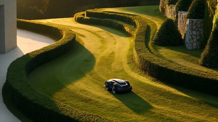 A compact robotic lawn mower navigating through a beautifully landscaped residential lawn as the main subject, within a stylish home garden featuring curved pathways, sculpted hedges and minimalist la