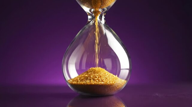 Golden sand pouring from hourglass on purple background with reflection