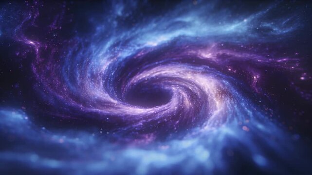 Rotating central spiral vortex revealing core glow in deep space, with dark void and star points