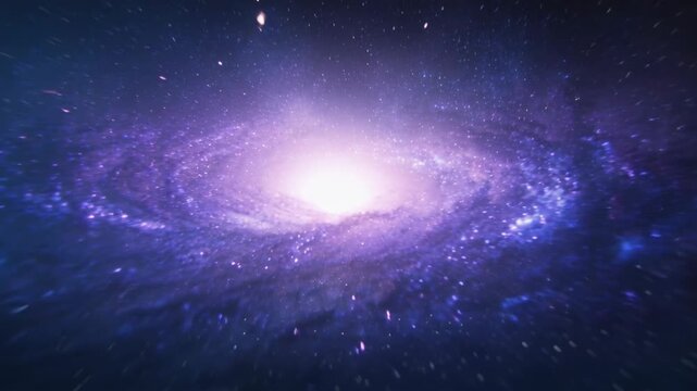 Pushing camera toward spiral galaxy core in space, simulated motion revealing dust lanes and trails