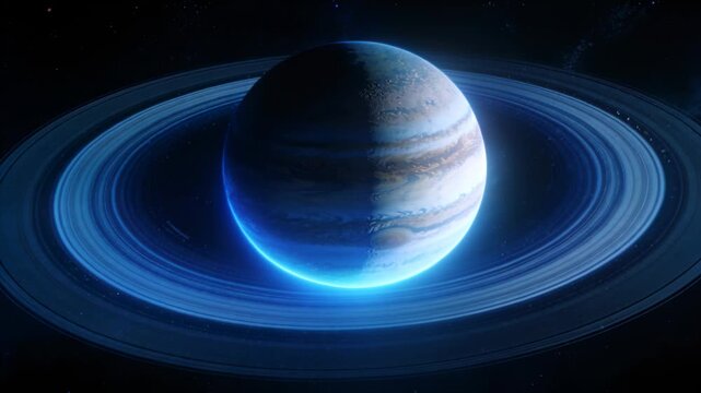 Ringed planet rotating, showing terminator shift and revealing blue limb, cloud bands for astronomy