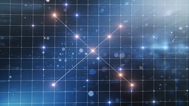 Animating illuminated grid plane forming X-shaped connections in bluish void, with glowing nodes