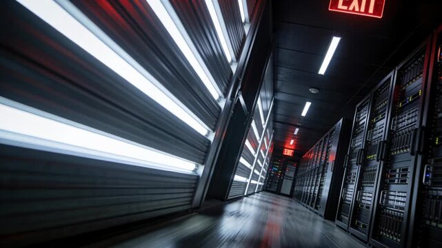 Tracking low camera moving through datacenter corridor showing LED panels, server racks, EXIT sign