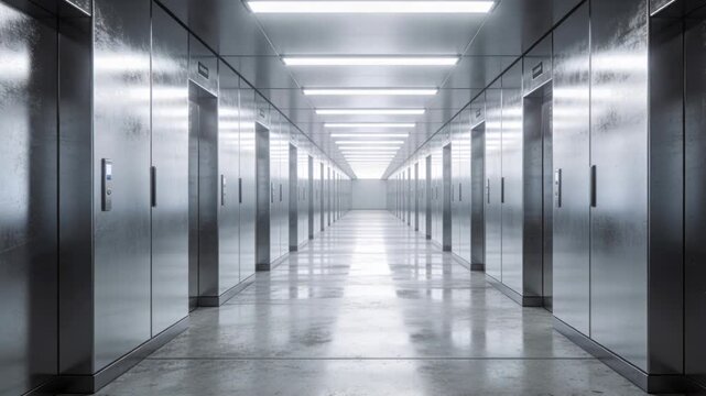 Vertical video: Camera moving down elevator corridor, lights reflecting and showing design symmetry