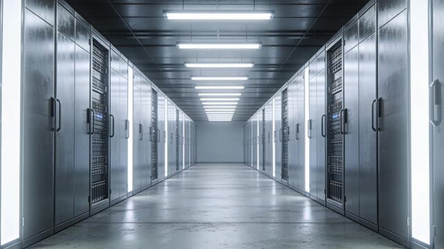 Monitoring system cycling during check, causing server racks pulsing amber LEDs along corridor