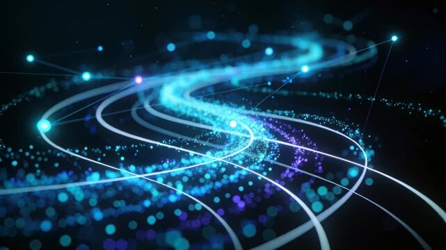 S-shaped particle stream flowing across data field, camera dollying forward highlighting nodes
