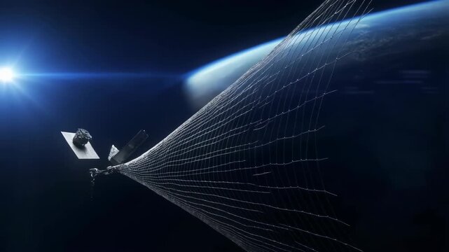 Space net unfolding in orbit with satellite and Earth in background featuring cinematic shot, realistic, futuristic with blue planet and astronomy