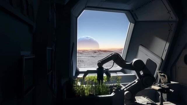 Lunar base interior with robotic arm and view of planet landscape featuring space, futuristic, sci-fi with technology and exploration elements for
