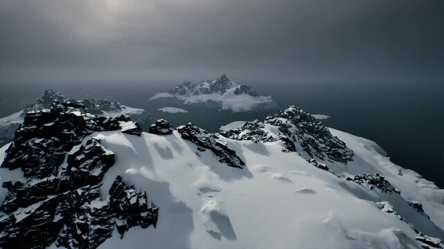 Dramatic cinematic arctic vista featuring sharp ridgelines and glittering sea under textured cloud, highimpact frame for film location scouting and editorial