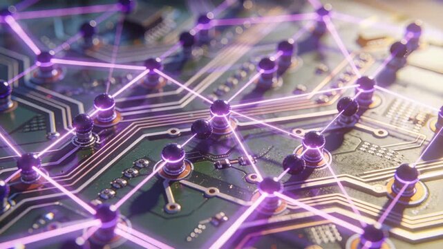 PCB receiving power, purple beams connecting posts and pulsing along traces for tech diagnostics