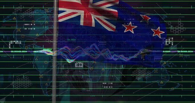 Animation of data processing over flag of new zealand