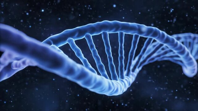 Glowing blue dna double helix structure on dark background with particles