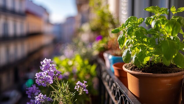 colorful potted herbs and flowers in pots on the balcony, sunlight illuminating them. the background is blurred with an out-of-focus street view of buildings.