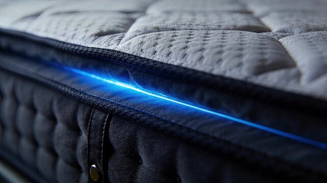 Mattress edge showing quilted seam for demo, blue point appearing and tracing glowing seam