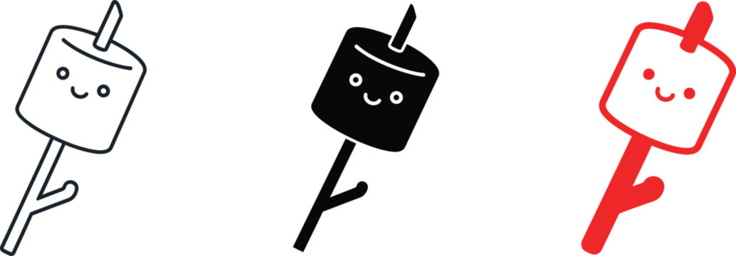 Smiling marshmallow treats on sticks in black, white, and red vector designs on white background