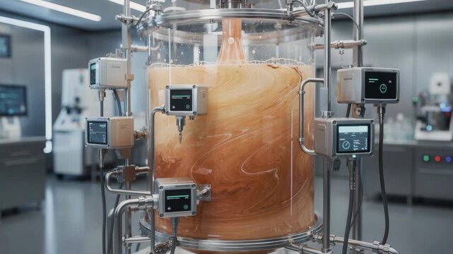 Medium shot of advanced sensors capturing realtime data on batch viscosity and color showcasing AIdriven process monitoring optimizing consistency in a hightech lab environment.