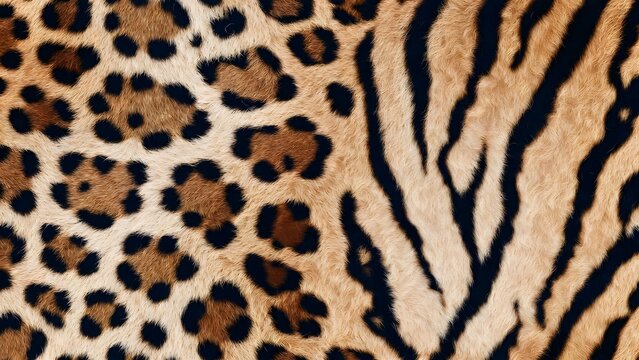 Hybrid leopard and tiger fur pattern. Wild animal skin texture for textile design. Close up of feline pelt showing both spots and stripes for exotic fashion background