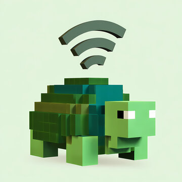 Green voxel 3d style turtle with wifi symbol on shell, slow internet connection and offline status concept, digital blocky animal illustration.