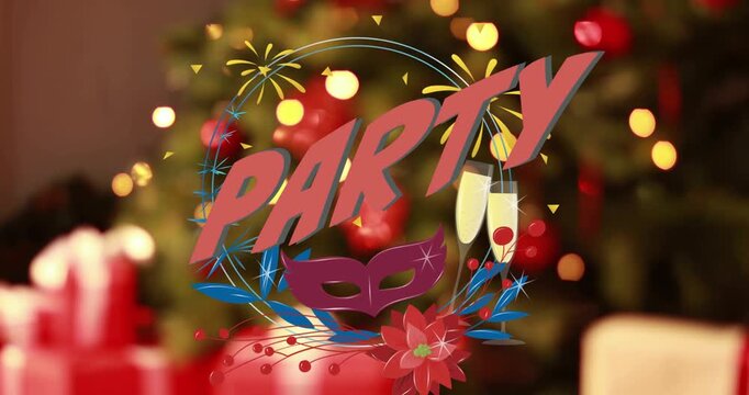 Animation of snow falling over party text banner against decorative christmas tree