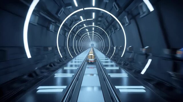 Tunnel with train tracks and automated guideway transit system featuring transportation, futuristic, technology with infrastructure and rail elements