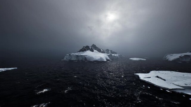 Ominous polar seascape distant jagged ridge looming, black water strewn with scattered floes catching pale light, mood of environmental unease and cinematic