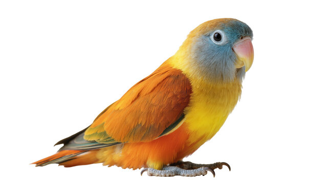 Beautiful colorful lovebird standing alertly, showcasing its vibrant orange, yellow, and blue feathers
