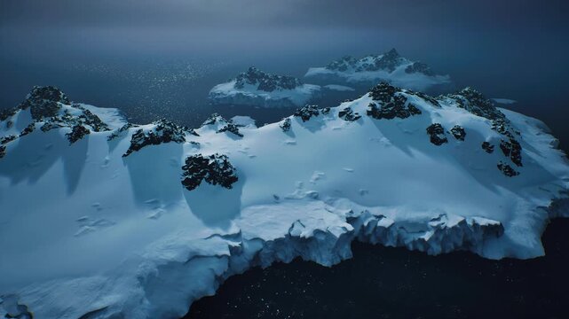 Aerial ice cape under low light, drone survey framing fractured snow edge and dark water, useful for coastal erosion visuals and climate documentation