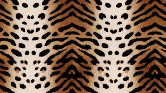 Symmetrical tiger and leopard skin composition. Graphic design asset for nature inspired products. Mirrored animal print texture with bold stripes and rosette patterns