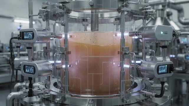Medium shot of advanced sensors capturing realtime data on batch viscosity and color showcasing AIdriven process monitoring optimizing consistency in a hightech lab environment.
