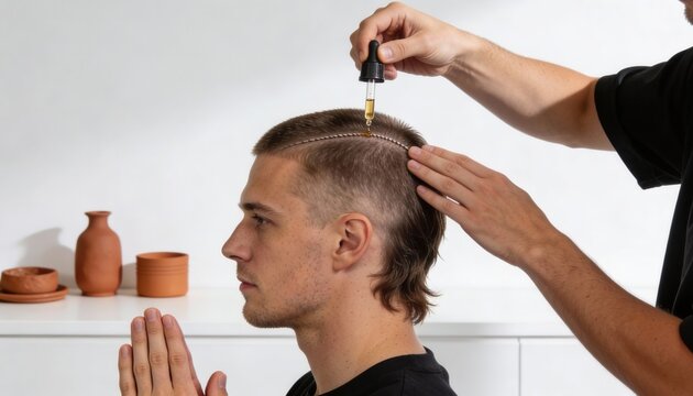 Man receiving scalp treatment with oil dropper. Professional hair care and growth serum application. Male grooming and wellness ritual. Profile view of man with mullet hairstyle
