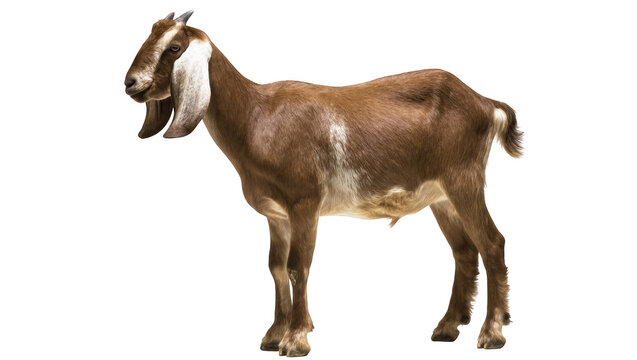 Elegant domestic brown goat with distinctive long ears and small horns standing confidently