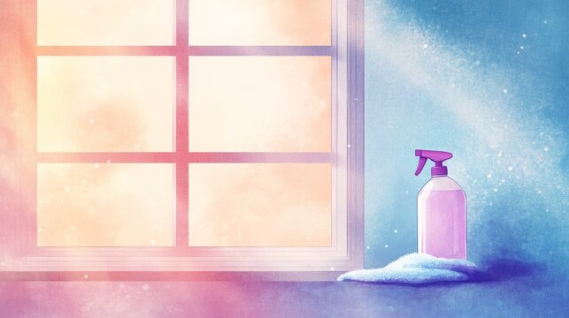 Clean glass maintenance with spray and cloth in bright room with watercolor light effects for housework concept.