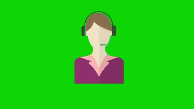 Animated female customer support agent icon with headset on green screen background