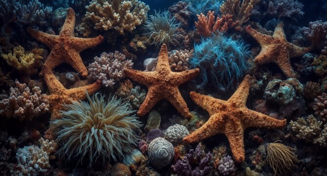 starfish and anemones among colorful coral reef in deep ocean waters.