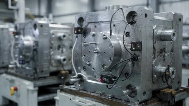 Medium shot of wireless sensors mounted on industrial molds transmitting realtime cycle and temperature data to optimize predictive maintenance schedules efficiently.
