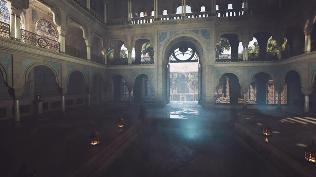 candlelit ceremonial hall with smoky glow, low amber light, floating dust, rows of flames, carved stone surfaces, reverent mood, incense haze, warm reflections
