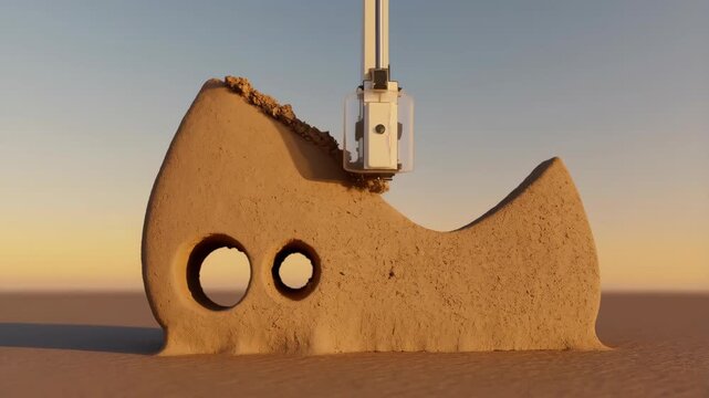 3D printer nozzle creating a sculpture with a unique curved shape and two circular holes featuring 3D printing, additive manufacturing, art with