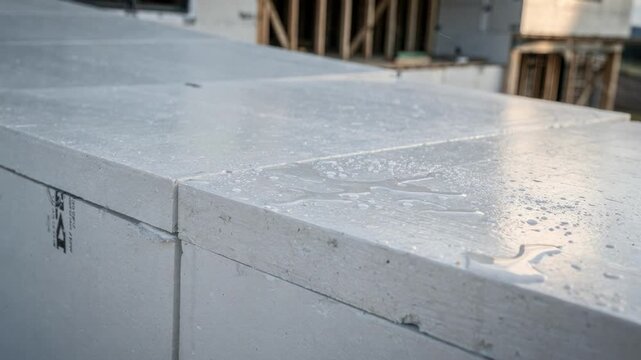 Medium shot capturing filmfaced foam insulation panels with smooth protective layer emphasizing water repellency and weather durability in outdoor construction setting.