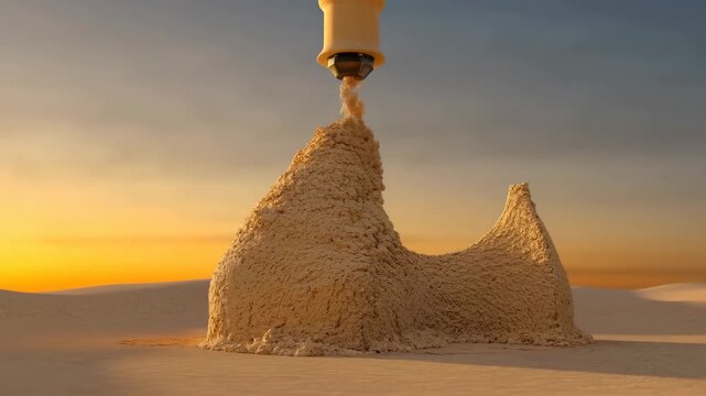 3D printer nozzle extruding a mixture creating a mound of material in a desert landscape with sunset background