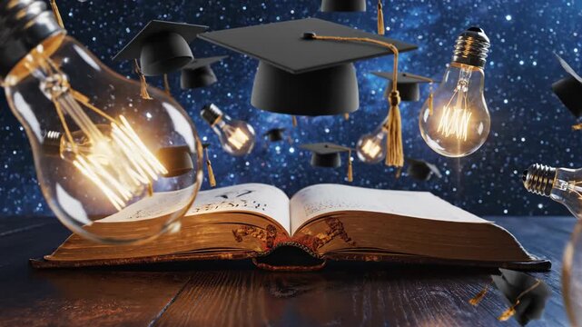 Education concepts with light bulbs, graduation caps, open book
