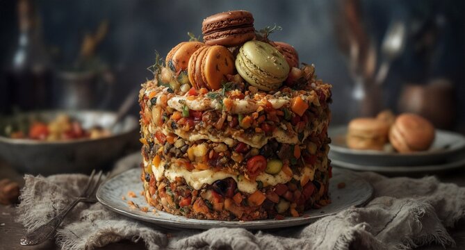 colorful vegetable layer cake with macarons, rustic still life food photography.