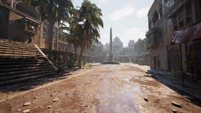 Quiet sunlit merchant avenue early morning, shuttered storefronts and empty stalls, soft long shadows and warm tones indicating calm before market activity,