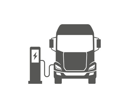 Electric truck connected to charging station. Editable vector illustration.