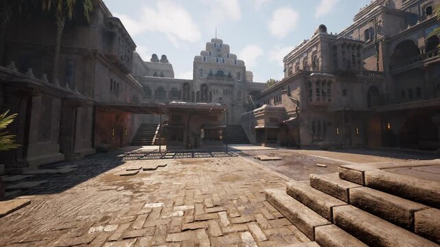 Open courtyard square with stepped platforms and central walkway, midday light, symmetrical facades, shaded arches, idle tables and calm architectural study.